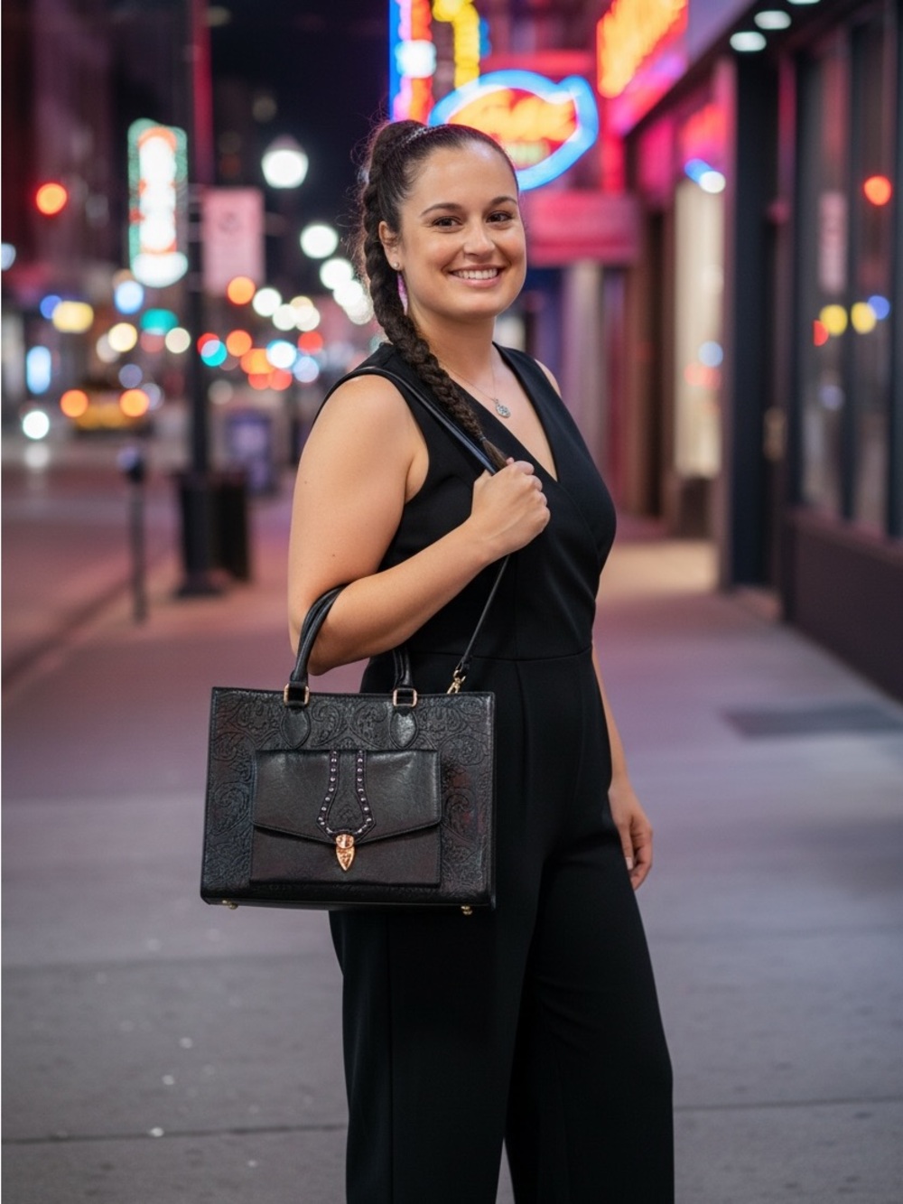 Elegant Black Structured Tote Handbag - Picture 1 of 13